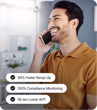 Smiling man in a brown shirt talking on a smartphone with text highlighting 60% faster ramp-up, 100% compliance monitoring, and 56 sec lower AHT.