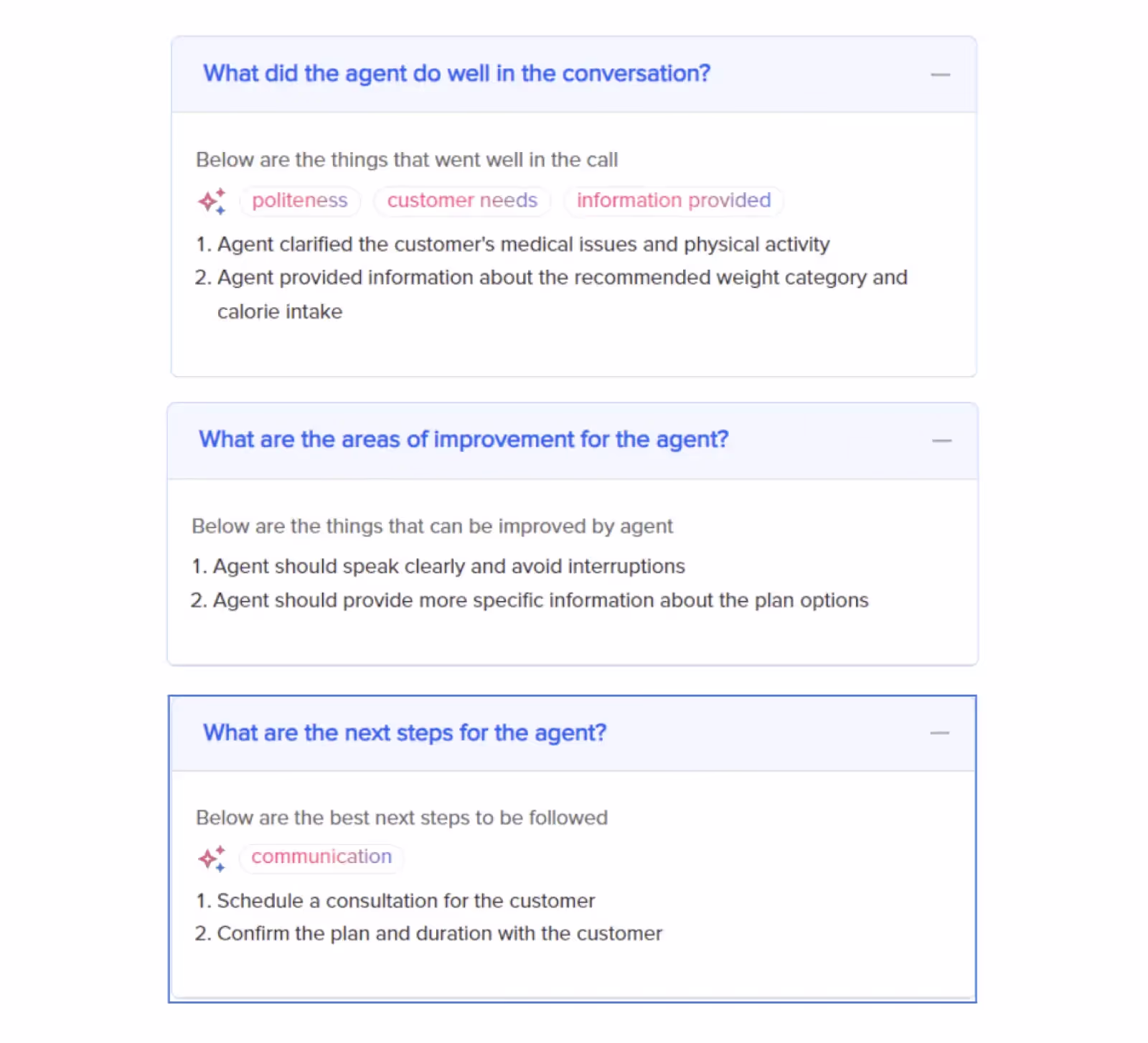 Detailed call feedback is generated by AI