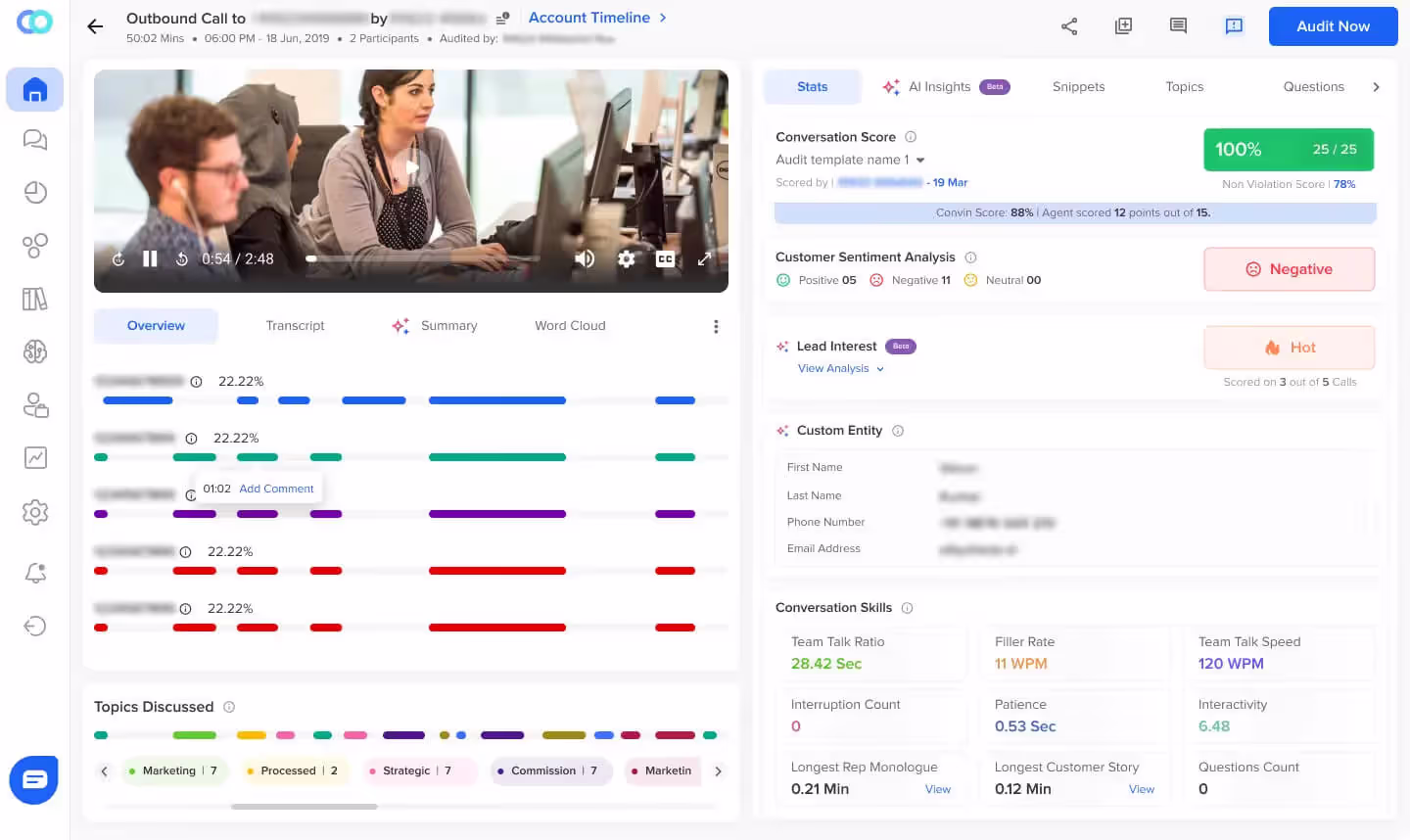 Transcriber software provides recorded call transcription stats on Callveriq dashboard