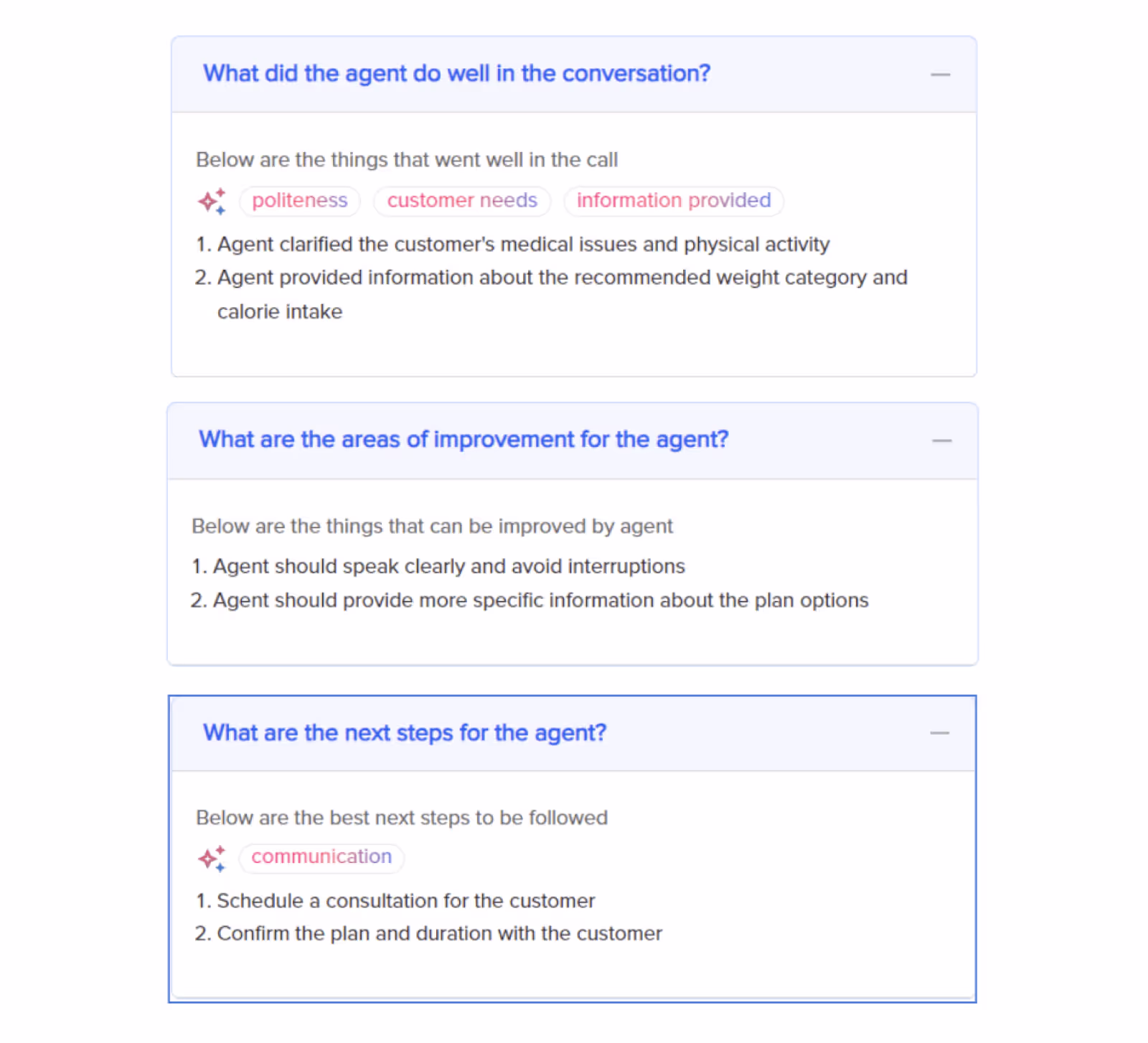 An in-depth call feedback is generated by AI