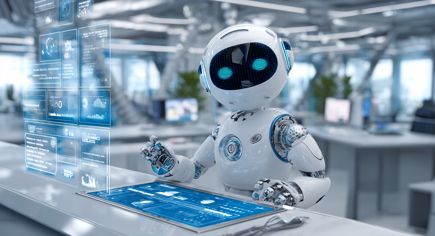 Intelligent virtual assistant in a modern contact center, interacting with customers through real-time data and AI analytics.
