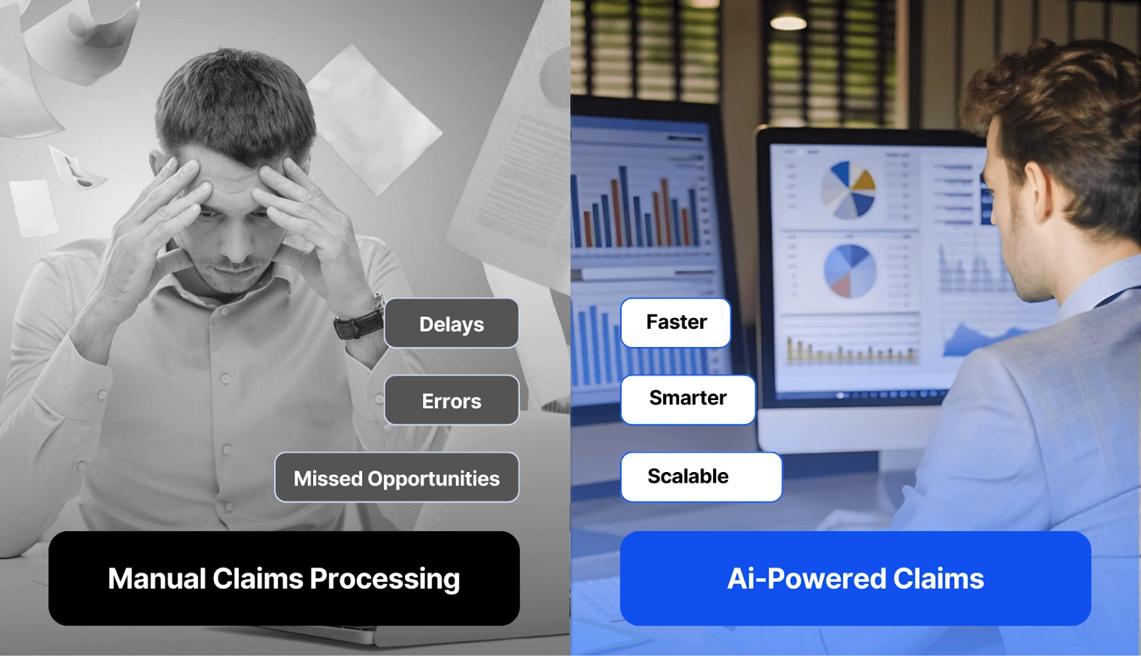 Manual vs AI in insurance claims handling: delays vs efficiency.