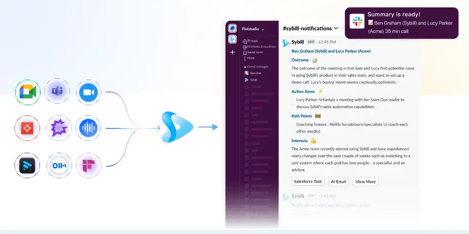 Get precise sales call summaries sent to Slack/CRM automatically created by Sybill's AI